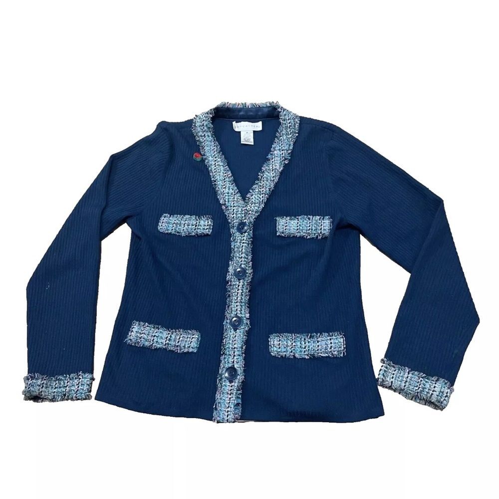 DON CASTER Cardigan Sweater Womens M Silk Nylon Spandex Blue Houndstooth Pockets
